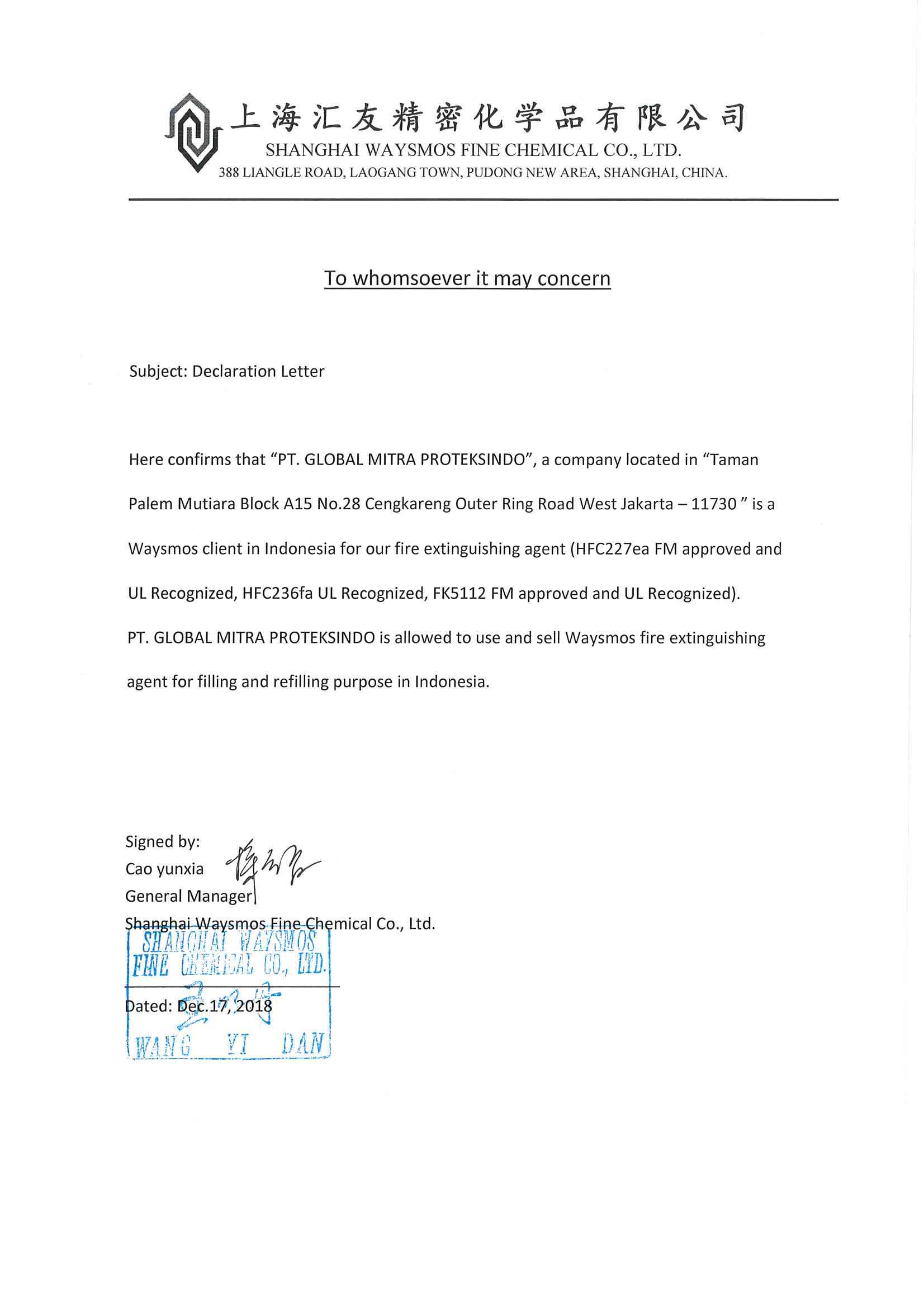 Surat penunjukan distributor resmi clean agent gas af36 fm200 novec