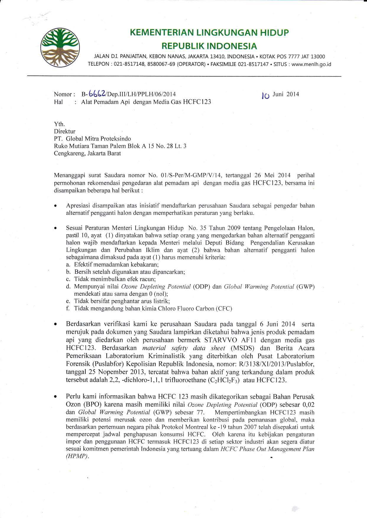Surat rekomendasi kementerian lingkungan hidup tabung pemadam api Starvvo AF11